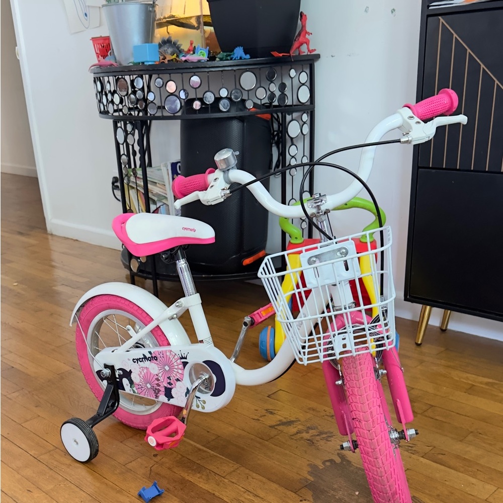 Pink and White Kids Bicycle with Training Wheels